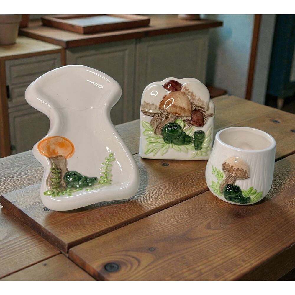 Vintage Kitsch Ceramic Frog Mushrooms Napkin Holder Spoon Rest & Cup Cottagecore